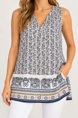 J.Jill Love Linen Sleeveless Top Elephant Print Boho Global-inspired Blue S